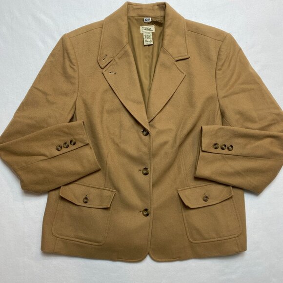 Vintage L.L. Bean Blazer Women's XL Reg Tan Wool Blend Patch Pockets Jacket - Picture 1 of 15